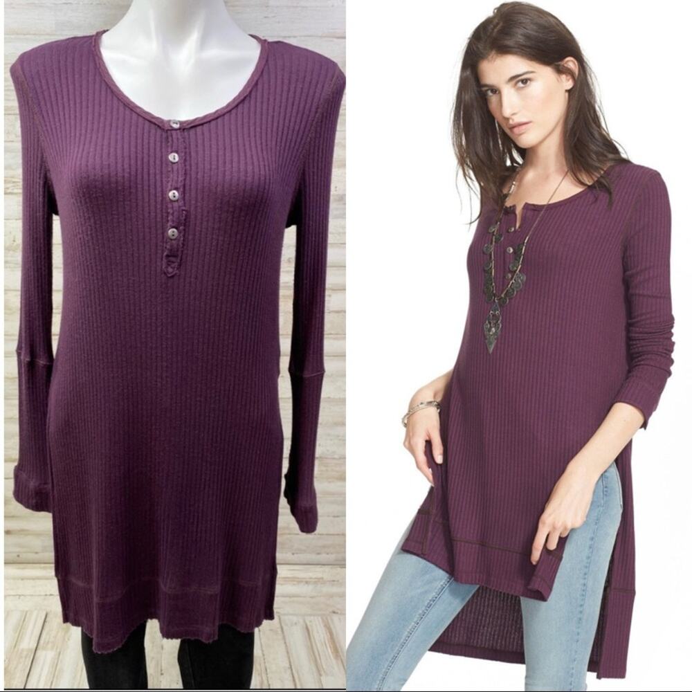 We the Free by Free People Gwen Henley Sweater Top Womens Size XS Plum High Low
